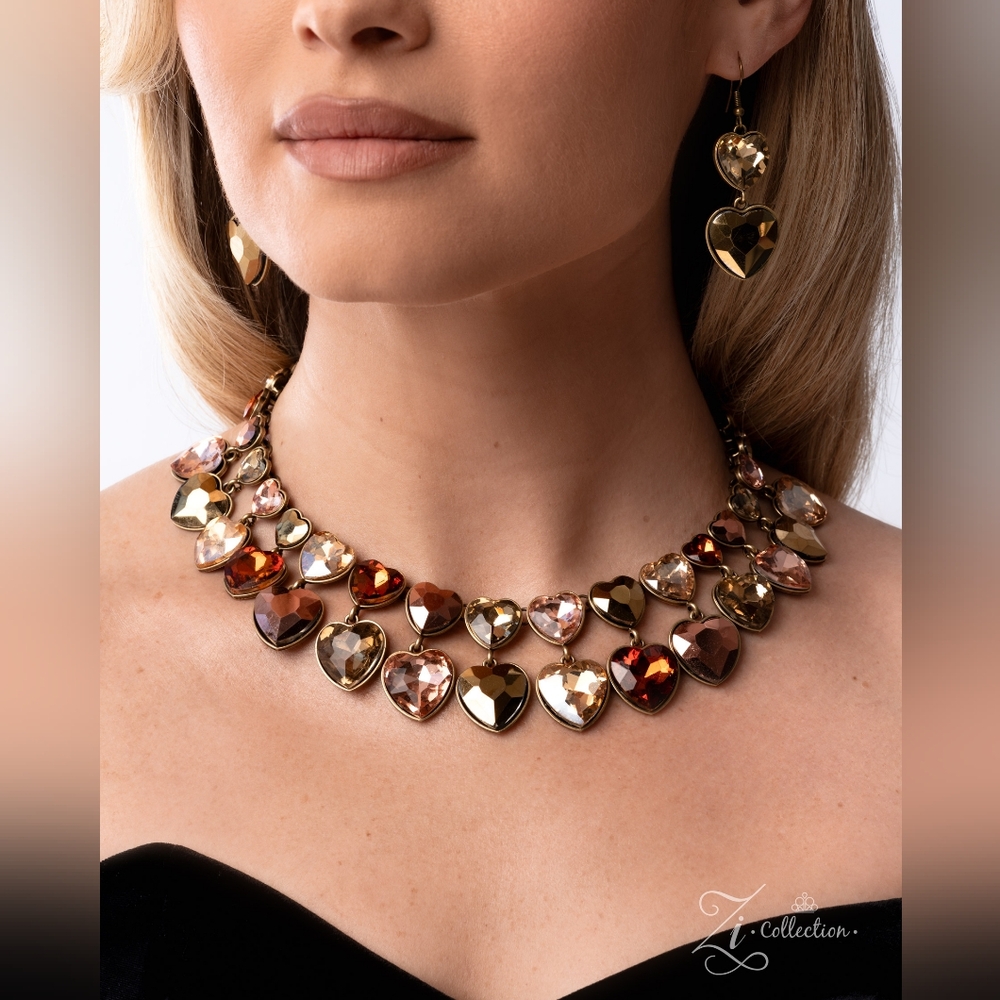 Gold and Brown Heart Necklace and Earring Set